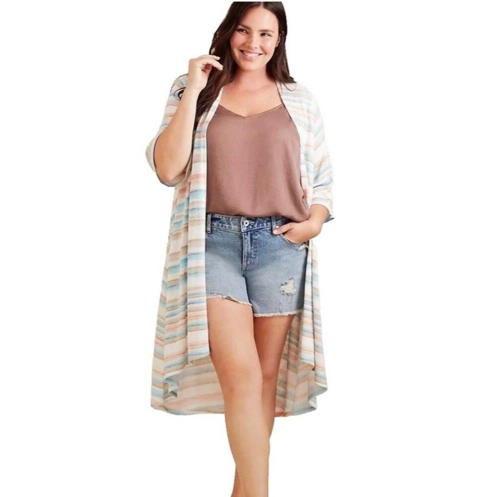 Torrid Hacci Hi-Lo Kimono Duster Cardigan Sz 1X 14-16 Multi Stripe Pastel Beach